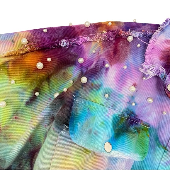 Handmade Tie Dye Jean Jacket Shacket Womens Size Large XL Upcycled Pearl Pockets - Picture 4 of 14
